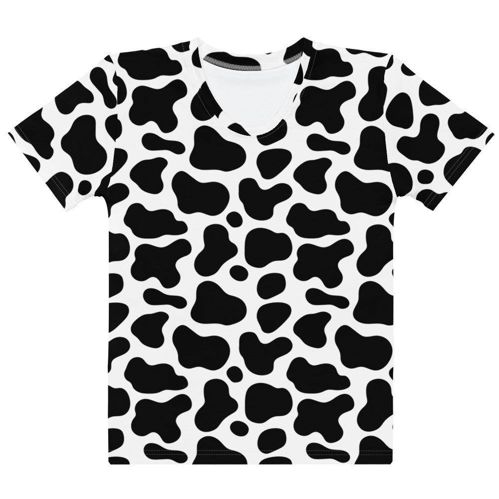 Women’s black and white cow print short-sleeved cotton t-shirt with soft stretch and pilling resistant fabric