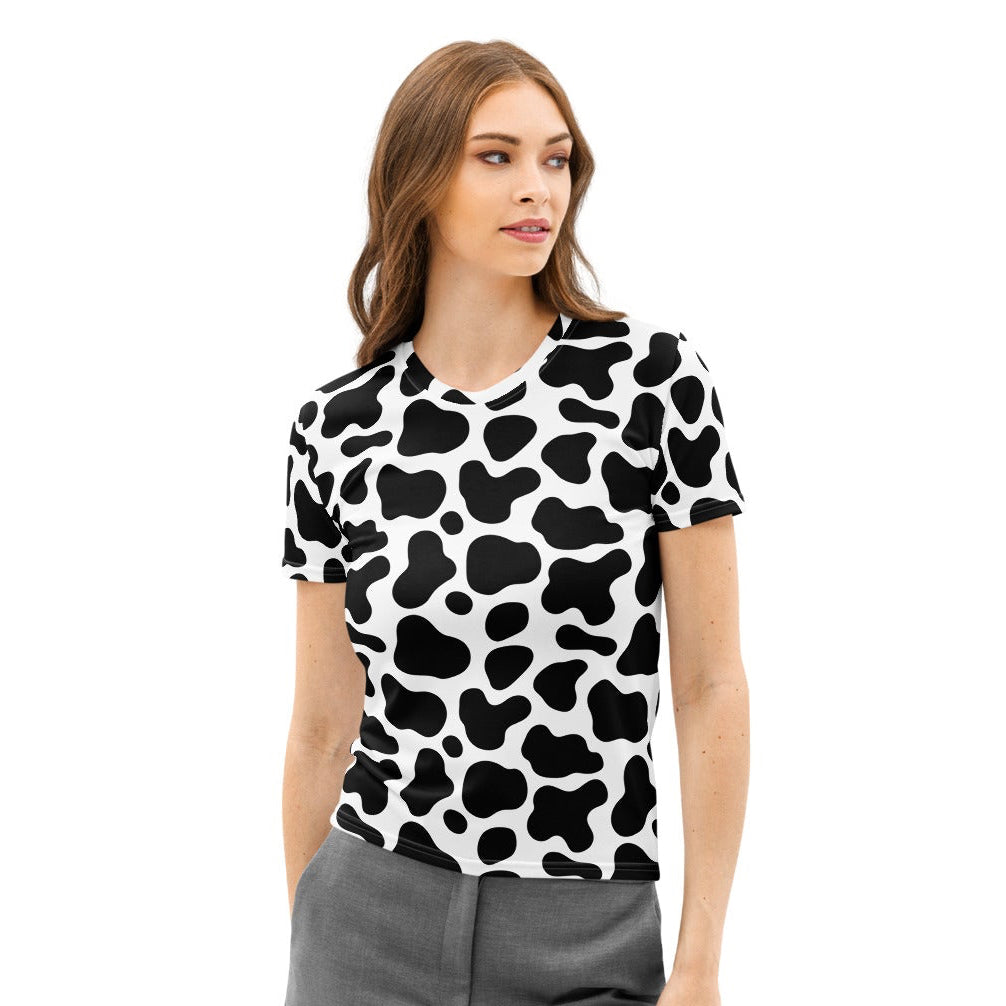 Women’s black and white cow print cotton short-sleeved t-shirt soft stretch pilling resistant tee