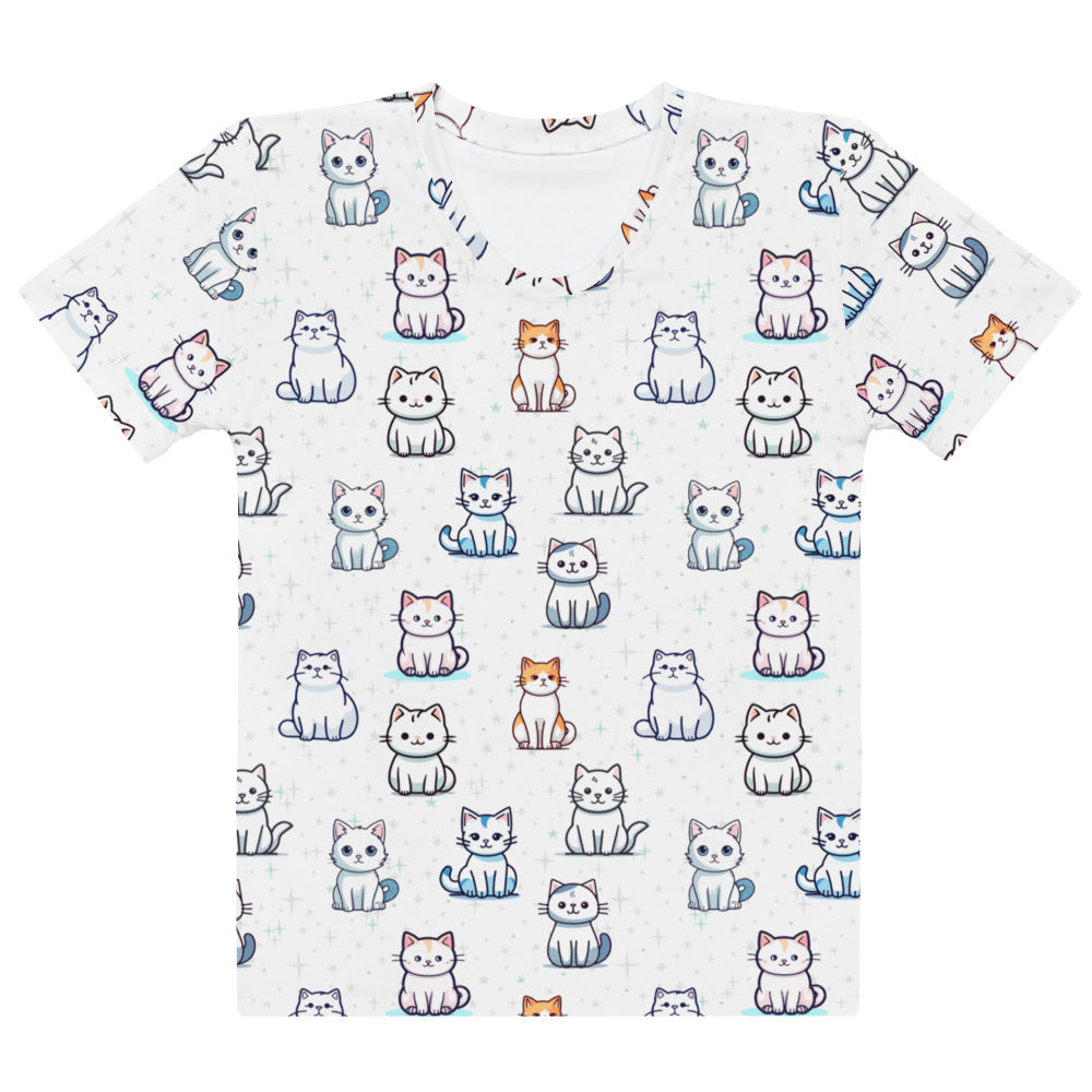 White short-sleeved cotton t-shirt for women with soft stretch and playful all-over cartoon cat print