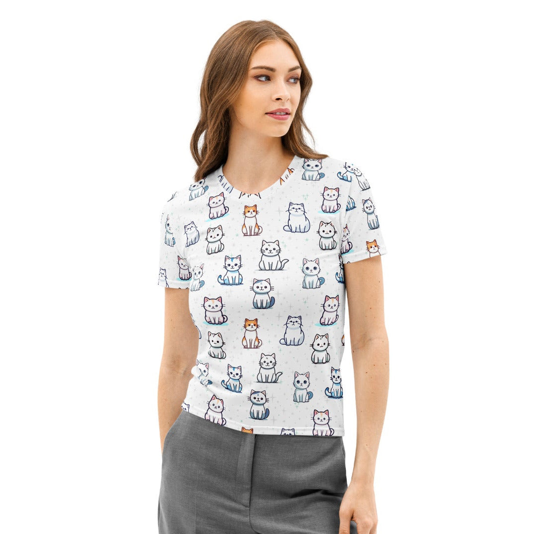Women’s white cotton short-sleeved t-shirt with a cute colorful cartoon cat print soft stretch pilling resistant tee