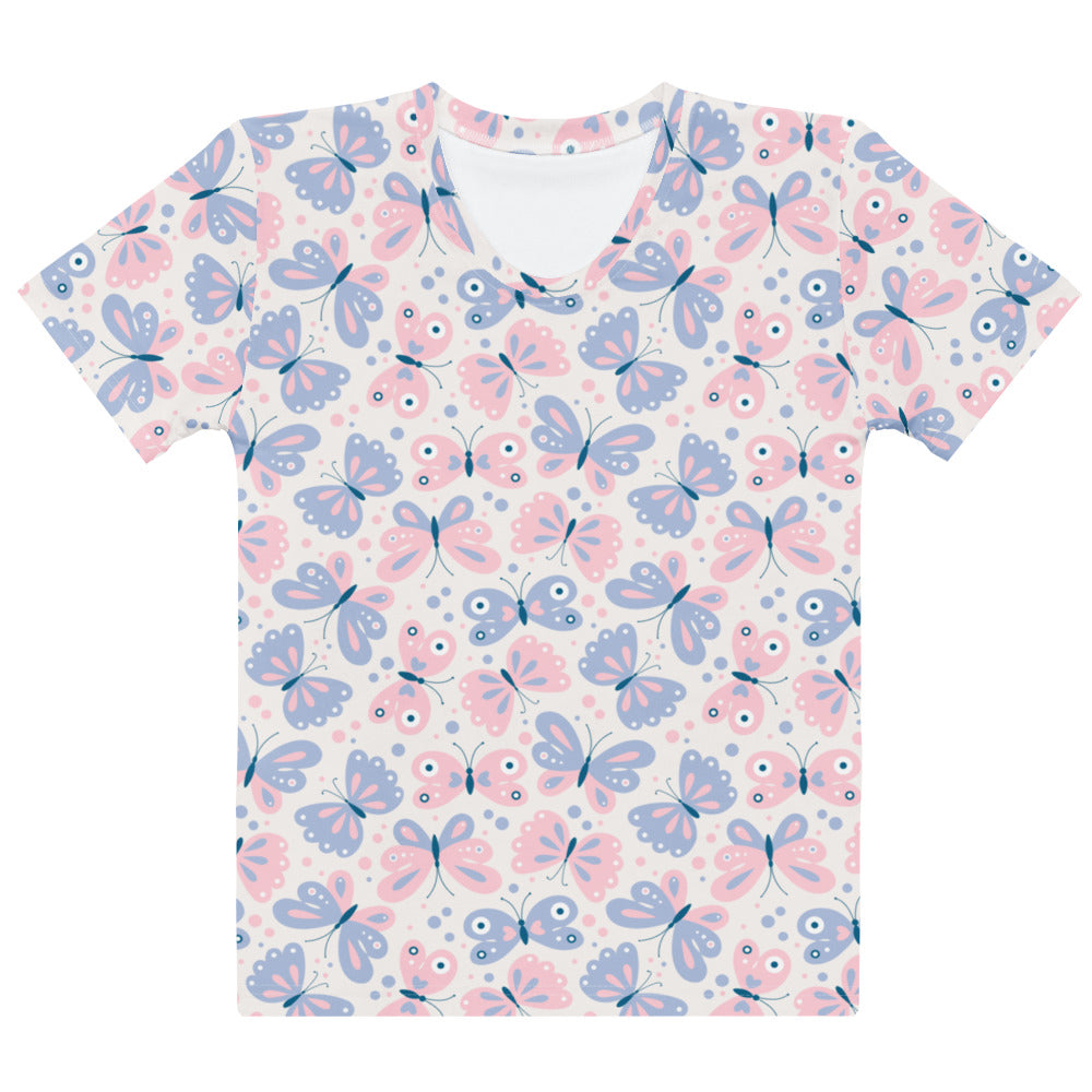 Women’s butterfly print cotton t-shirt soft stretch pilling resistant with pastel pink and lavender butterflies on off-white