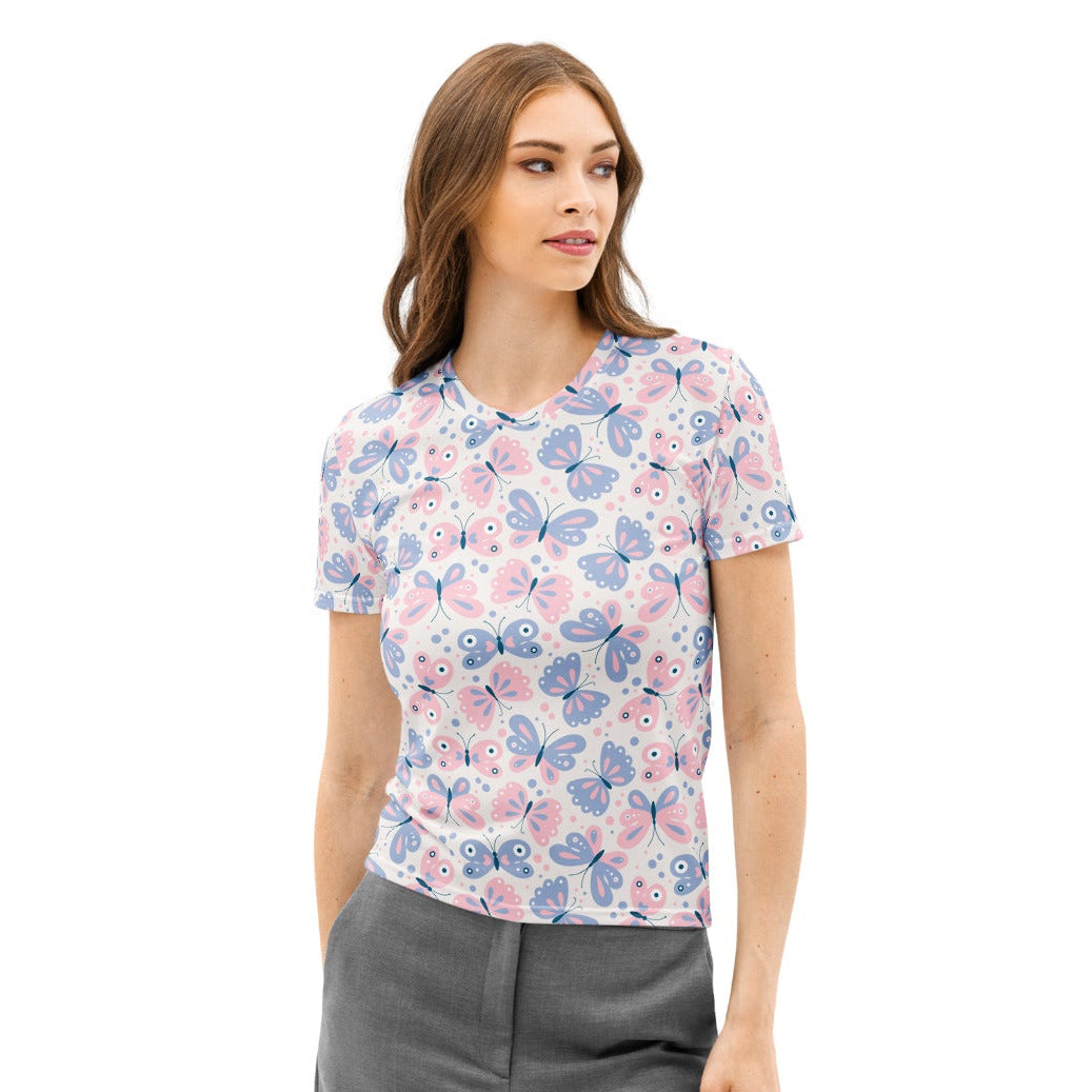 Women’s butterfly print cotton t-shirt with pink and blue butterflies on light background soft stretch pilling resistant tee