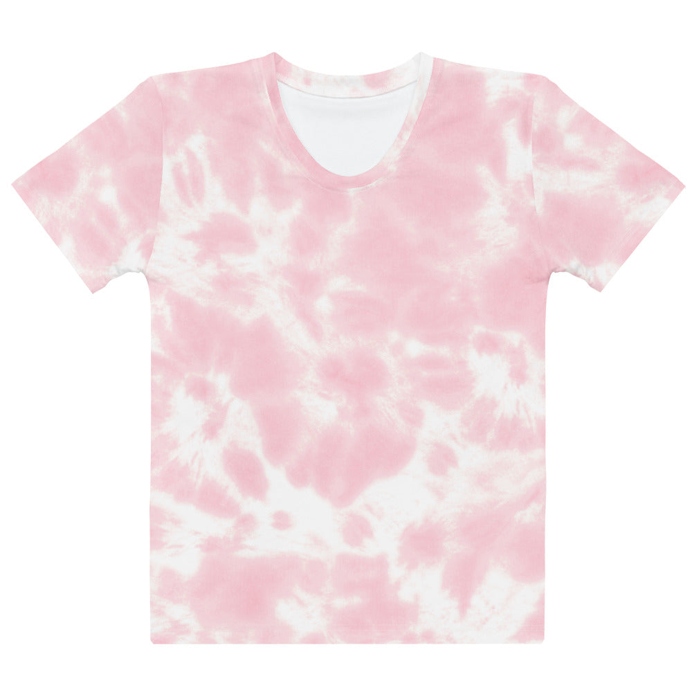 Women’s pink and white tie dye cotton v neck t-shirt with short sleeves soft stretch pilling resistant tee