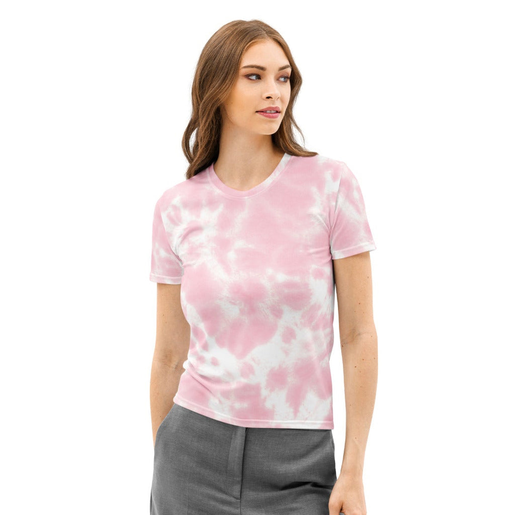 Women’s pink and white tie dye cotton crop top with short sleeves soft stretch pilling resistant tee