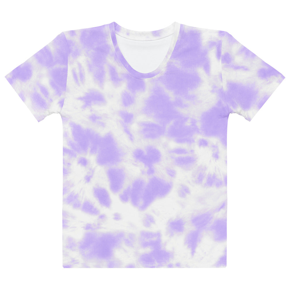 Women’s purple tie dye cotton t-shirt with lavender and white short sleeves v-neck soft stretch pilling resistant tee