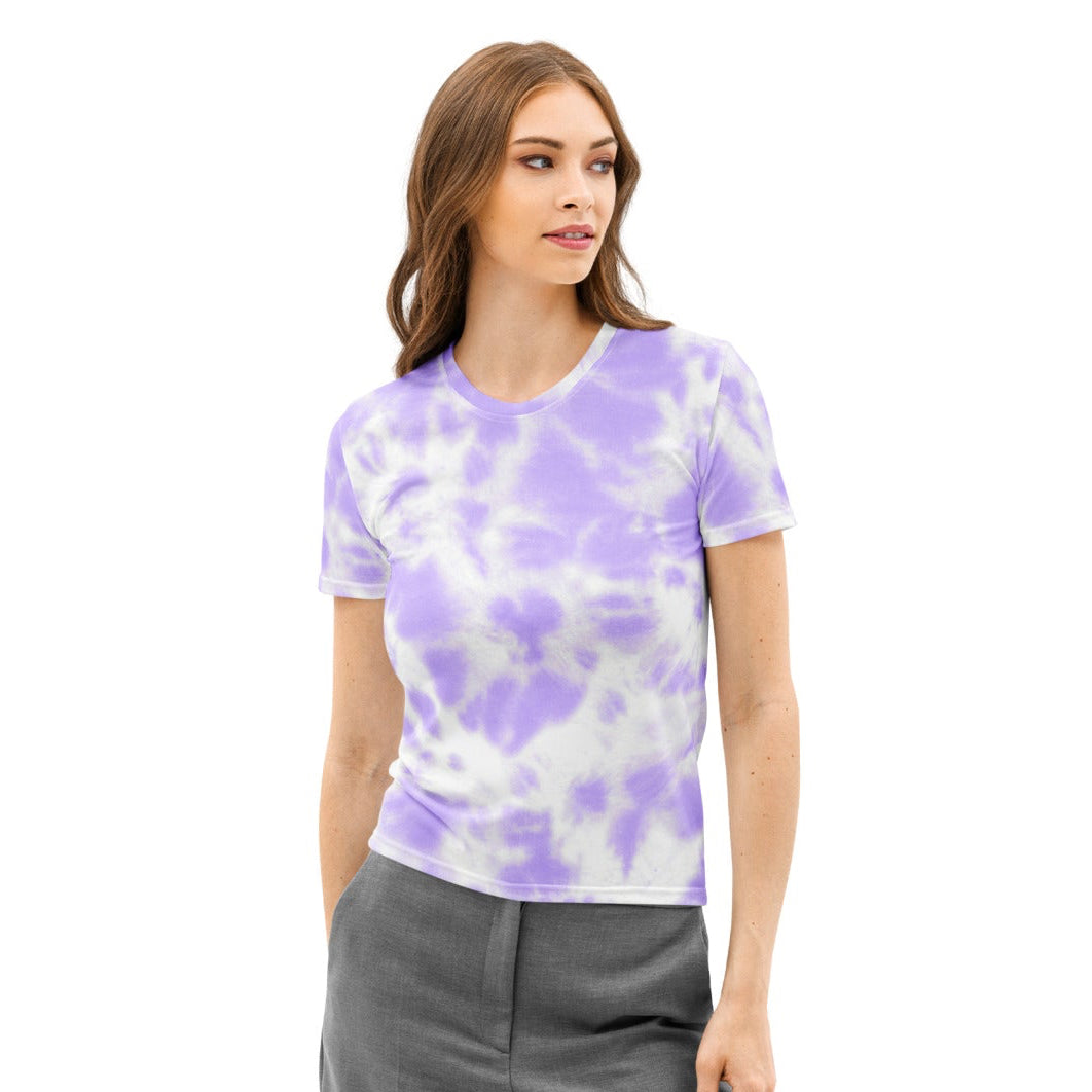 Women’s purple tie dye cotton t-shirt with soft stretch and pilling resistant fabric in lavender and white colors