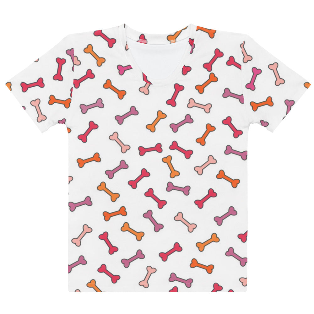 Women’s white cotton t-shirt with playful all-over pink orange and mauve cartoon dog bone print soft stretch pilling resistant