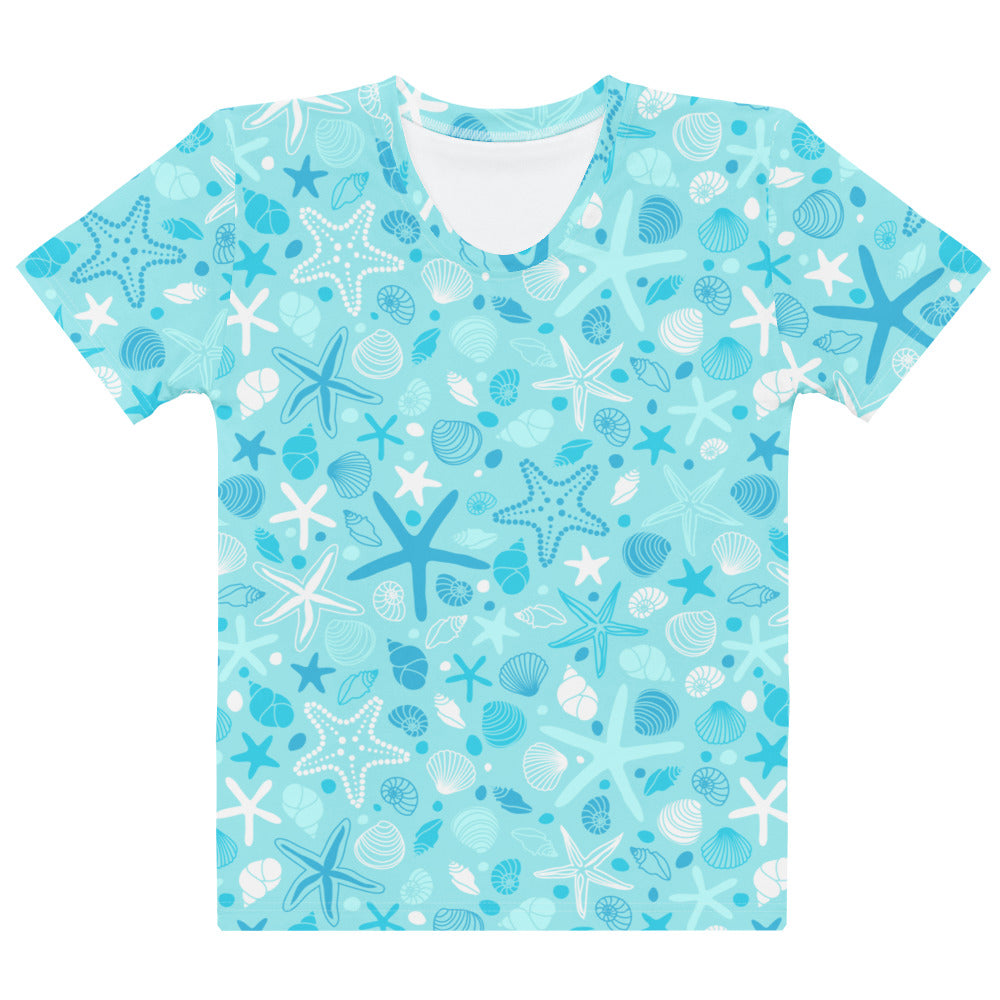 Light blue women’s cotton t-shirt with vibrant starfish and shells print soft stretch pilling resistant tee