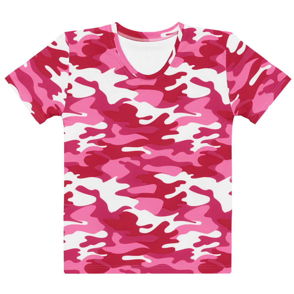 A vibrant pink and white camouflage patterned women’s bright pink cotton short sleeve t shirt with crew neck and soft stretch