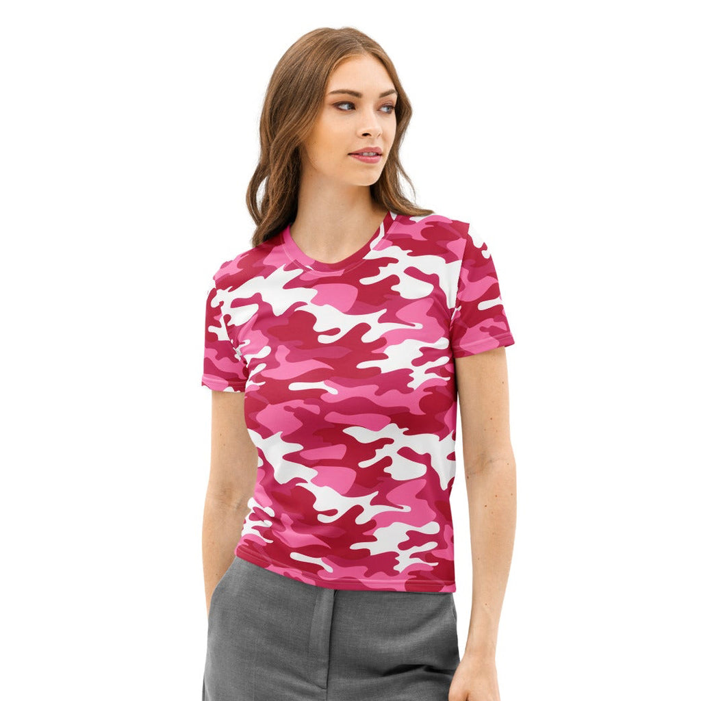 A vibrant bright pink and white cotton t-shirt with soft stretch and pilling resistant fabric in camouflage pattern