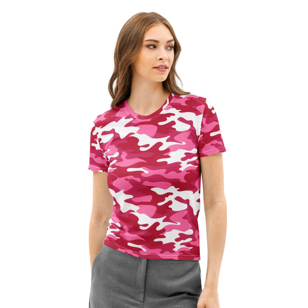 A vibrant bright pink and white cotton t-shirt with soft stretch and pilling resistant fabric in camouflage pattern