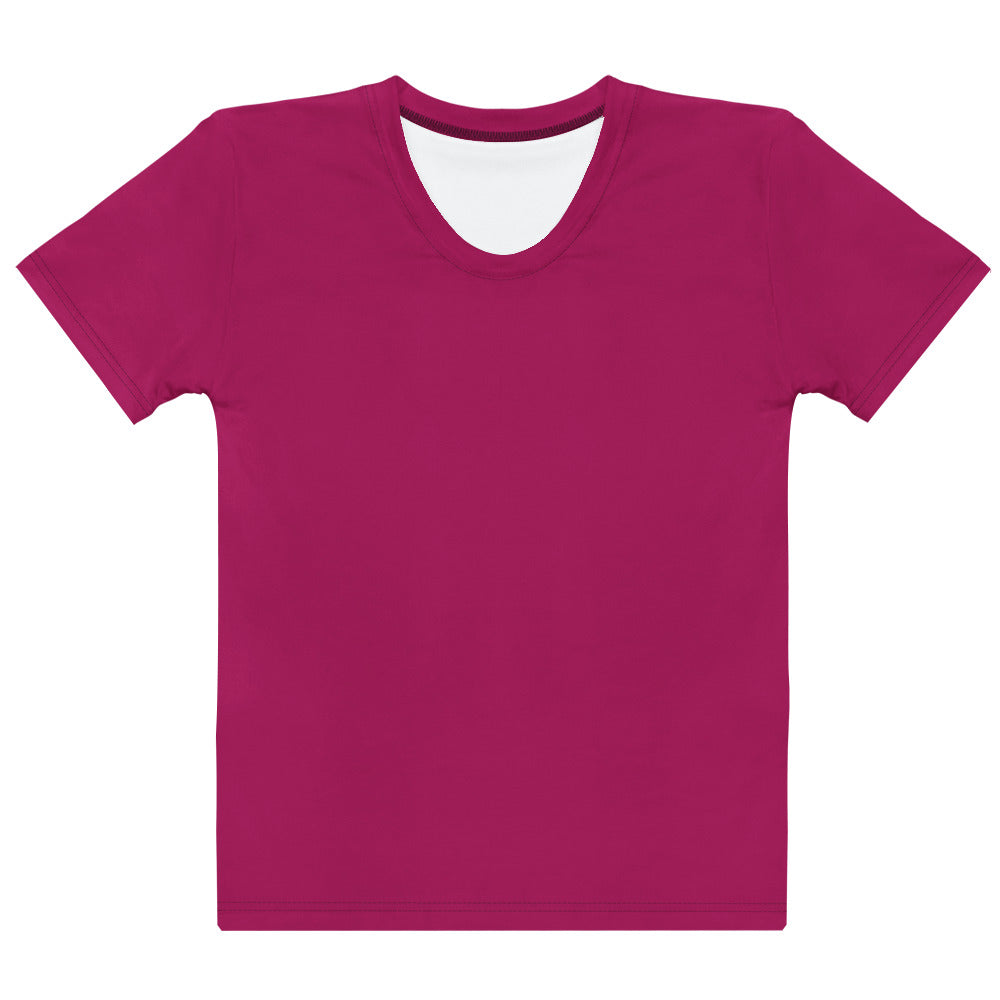 Women’s burgundy cotton t-shirt with soft stretch, pilling resistant fabric, classic crew neck, and white inner lining