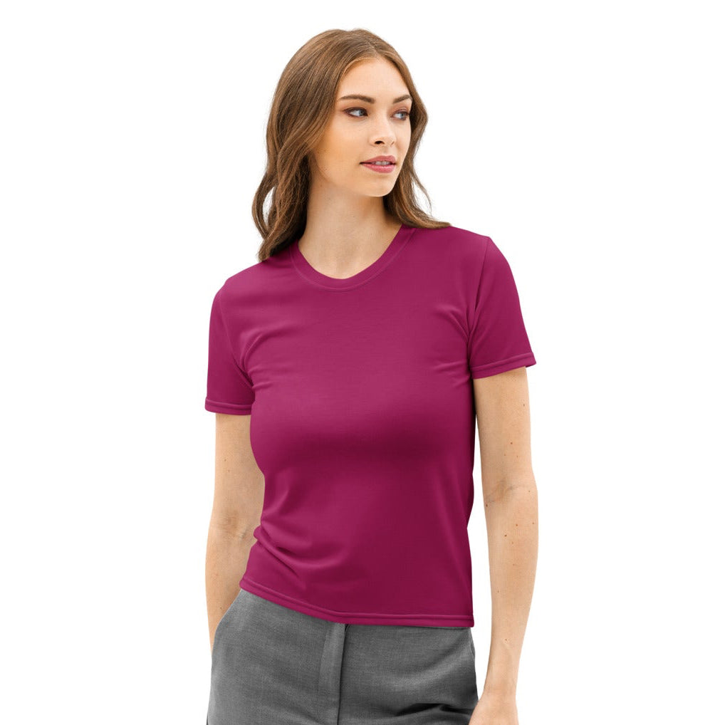 Women’s fitted short-sleeved burgundy cotton t-shirt with soft stretch and pilling resistant fabric