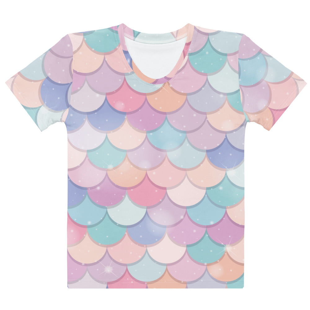 Women’s rainbow mermaid cotton t-shirt with pastel mermaid scale pattern and soft watercolor finish, pilling resistant and stretchy