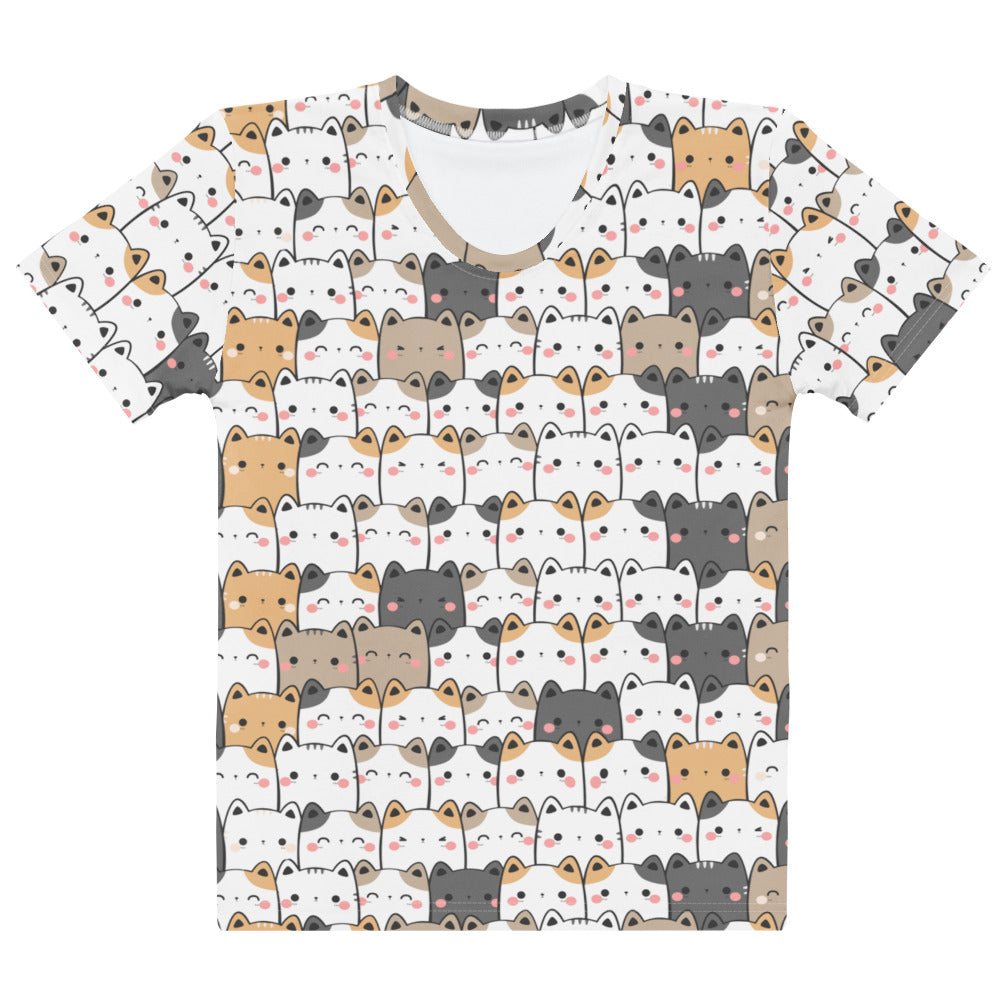 Women’s kawaii cat cotton t-shirt in white with colorful cartoon cat print soft stretch pilling resistant tee