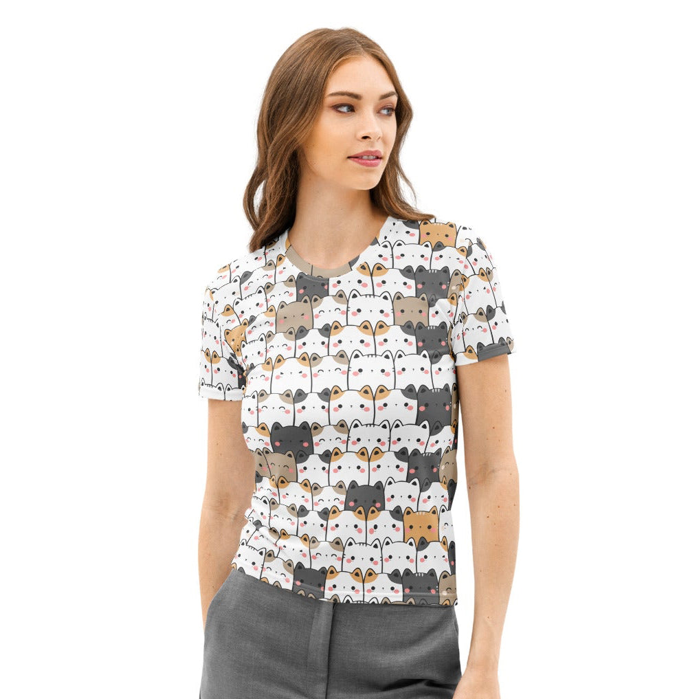 Women’s kawaii cat cotton t-shirt with soft stretch white short sleeves and colorful cartoon cat pattern