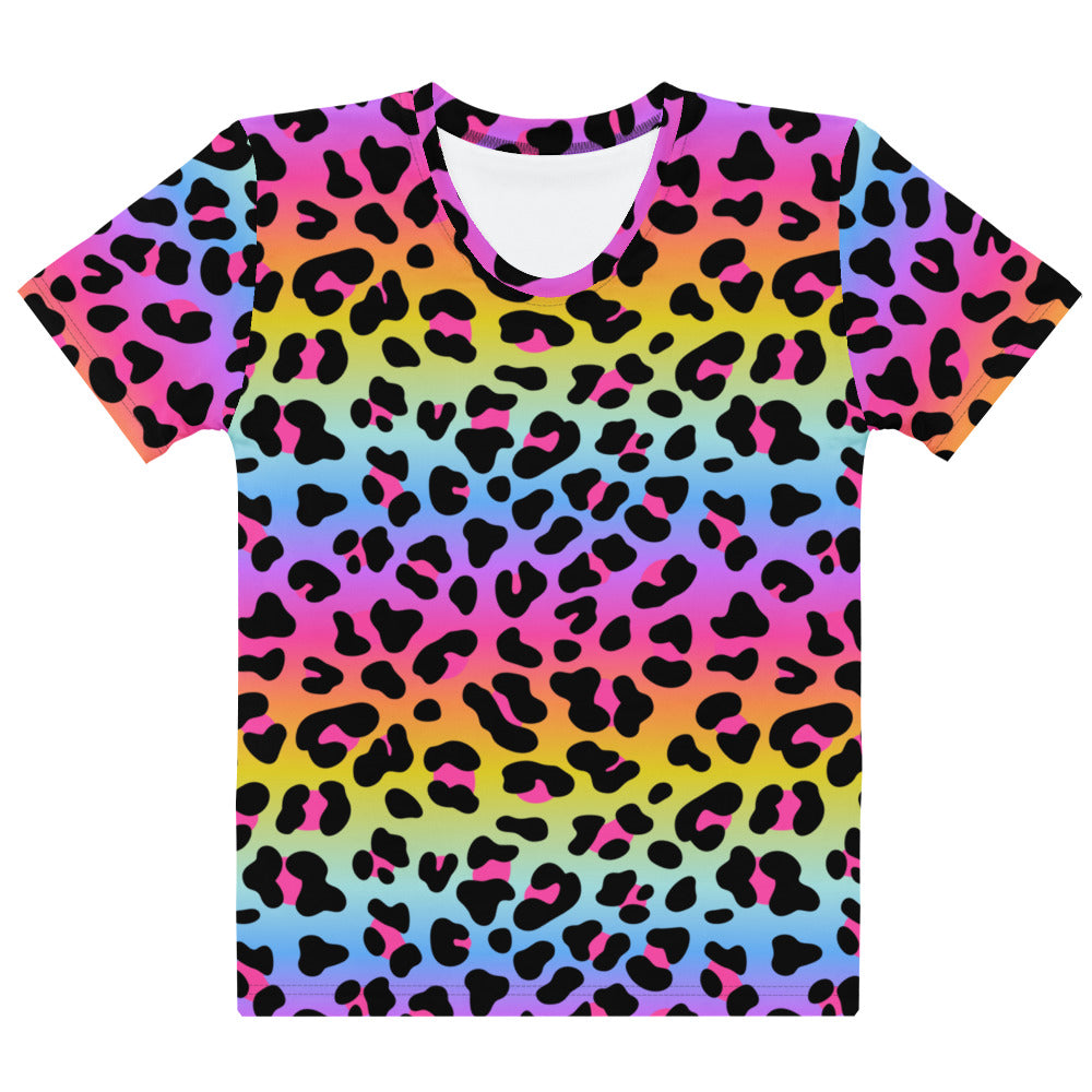Women’s soft stretch cotton t-shirt with vibrant rainbow gradient leopard print and black spots pilling resistant design