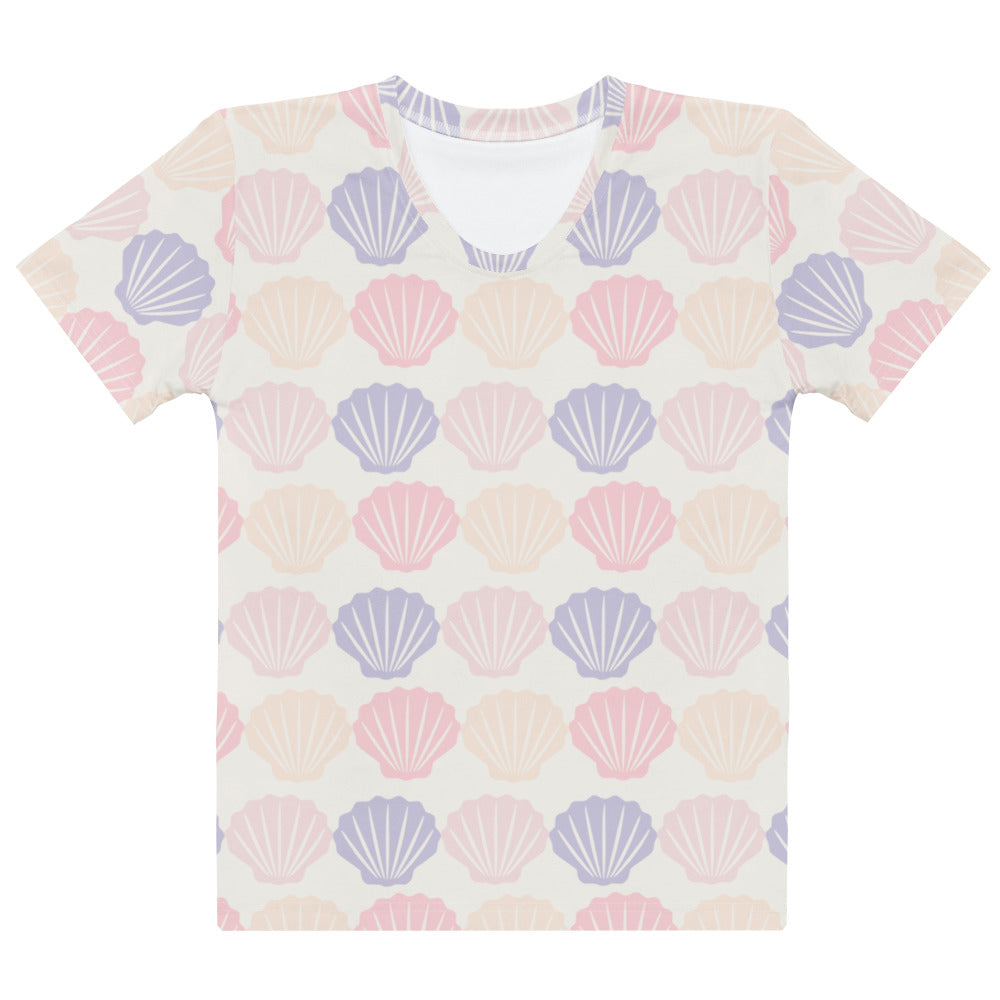 Women’s pastel seashell cotton t-shirt with soft stretch pilling resistant fabric in pink lavender and cream tones