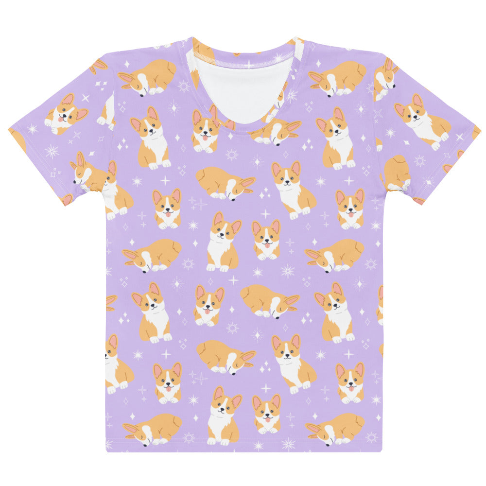 Women’s lavender cotton t-shirt with soft stretch and playful all-over cartoon corgi print on light purple background