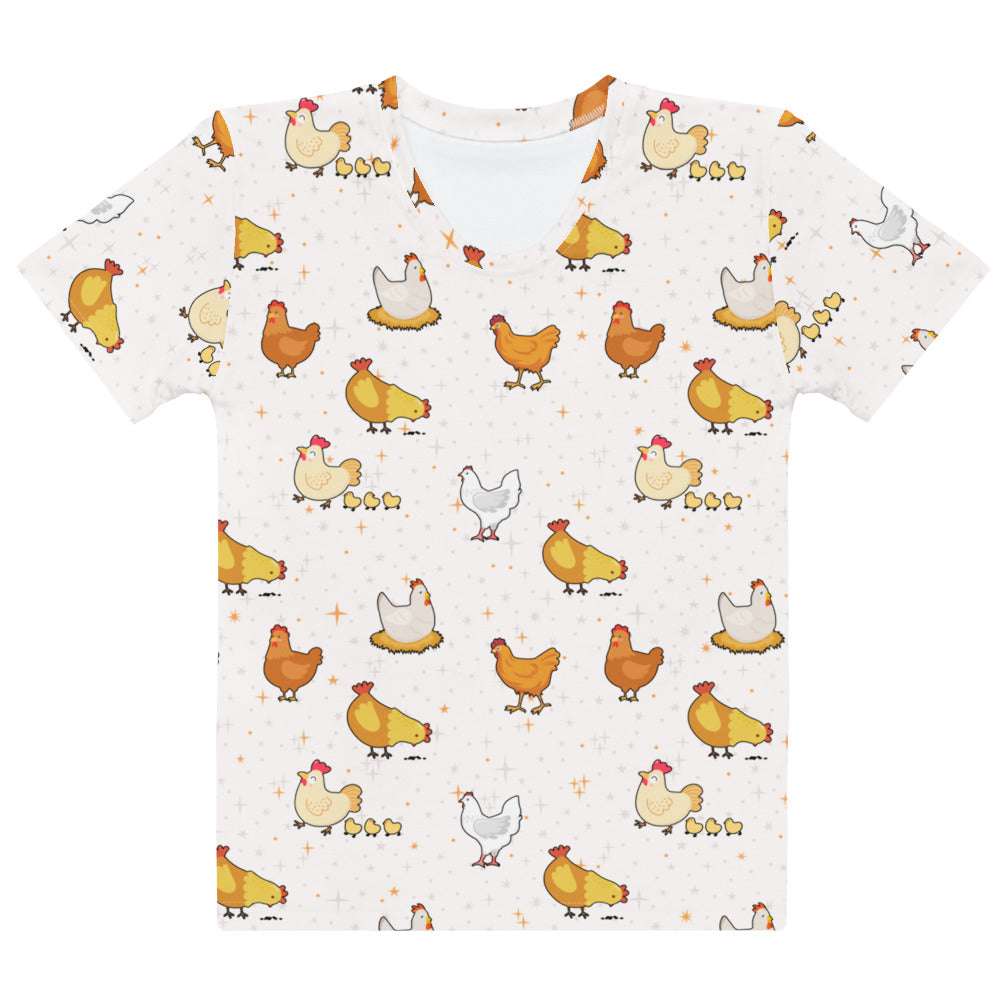 White women’s cotton t-shirt with soft stretch featuring playful colorful cartoon chicken all-over print and pilling resistance
