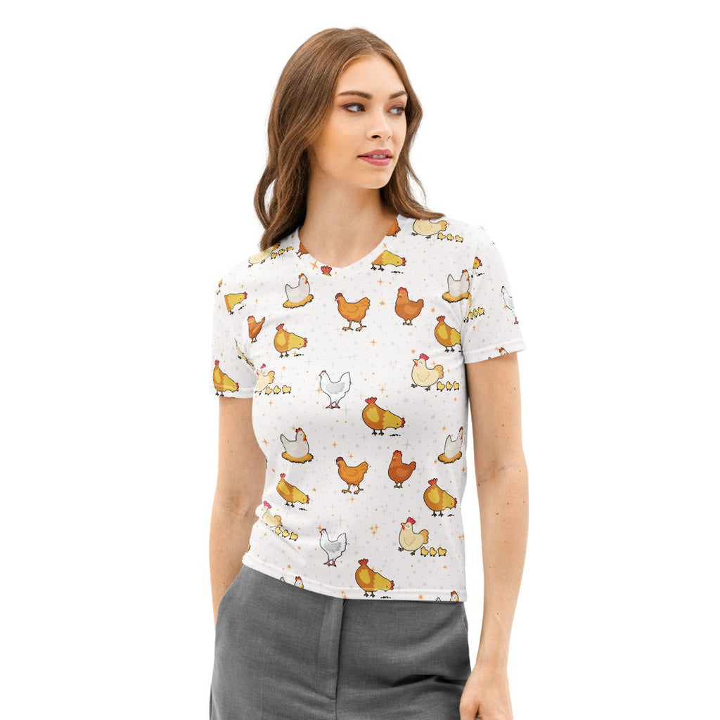 White women’s cotton t-shirt with short sleeves featuring a playful multicolor cartoon chicken pattern, soft and pilling resistant