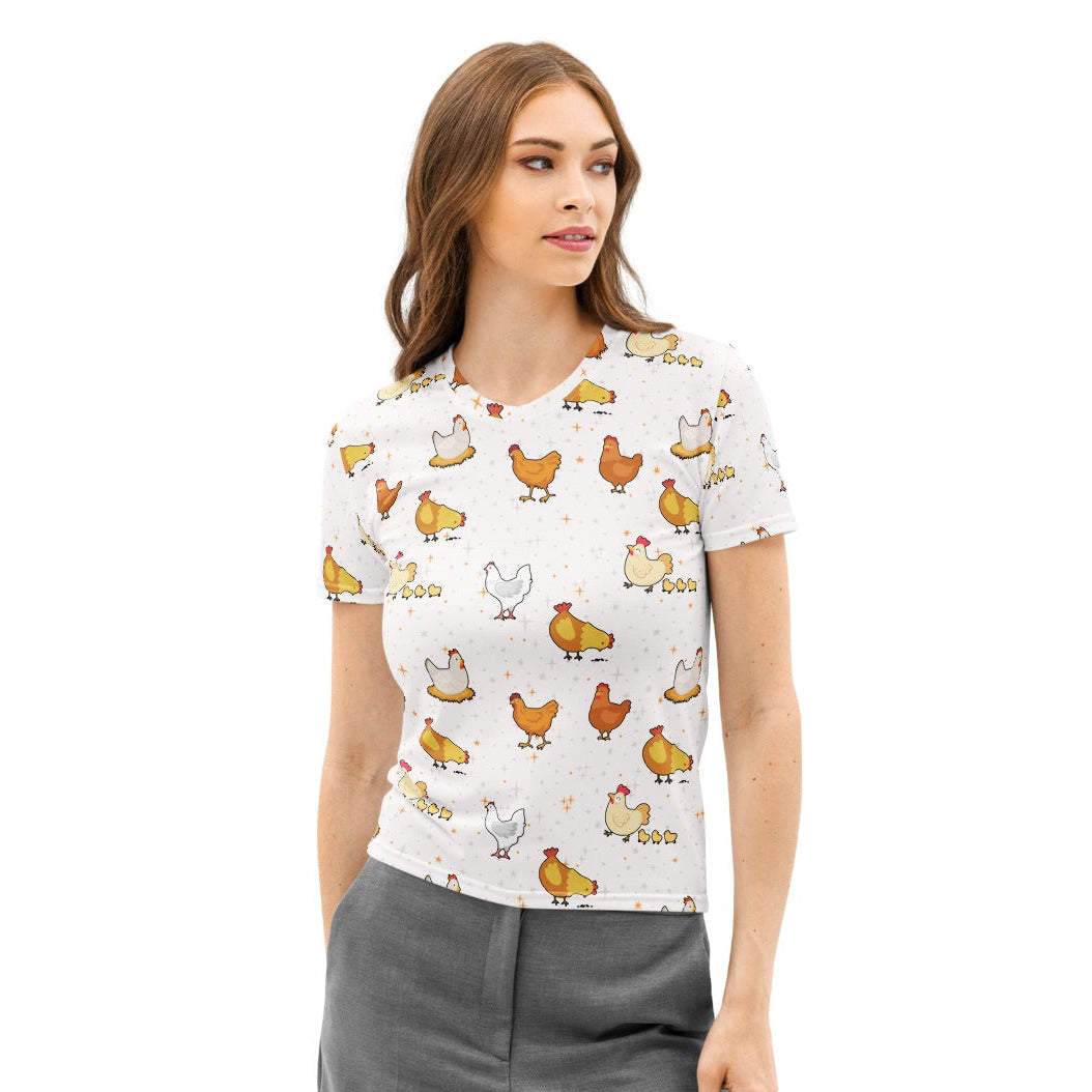 White women’s cotton t-shirt with short sleeves featuring a playful multicolor cartoon chicken pattern, soft and pilling resistant
