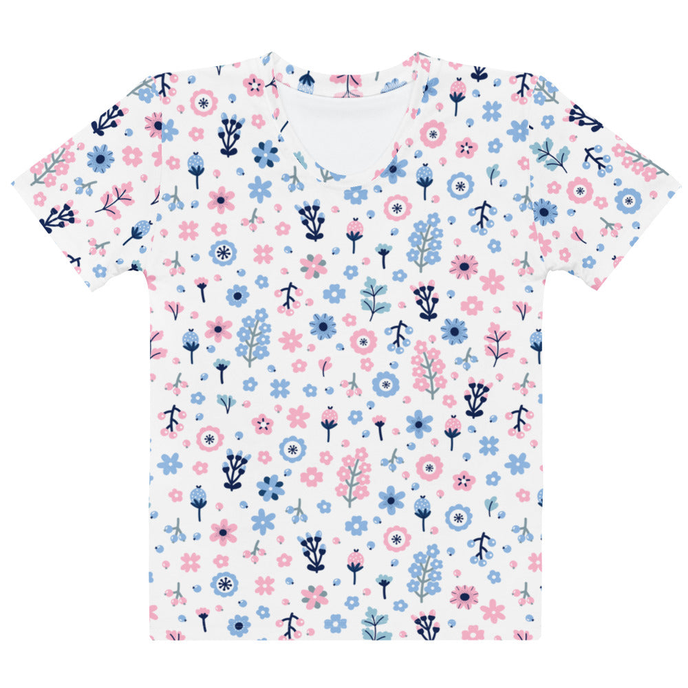 White short-sleeved cotton t-shirt with playful pink and blue floral pattern green stems soft stretch pilling resistant