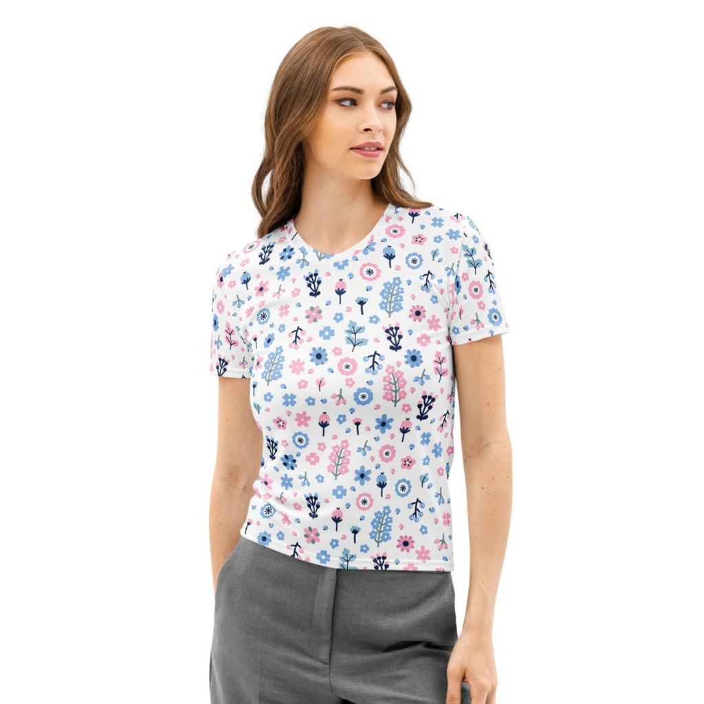 White short-sleeved pastel floral cotton t-shirt with pink and blue flowers soft stretch pilling resistant tee
