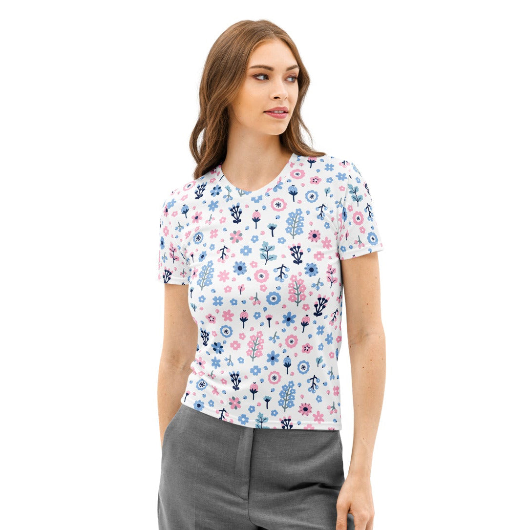 White short-sleeved pastel floral cotton t-shirt with pink and blue flowers soft stretch pilling resistant tee