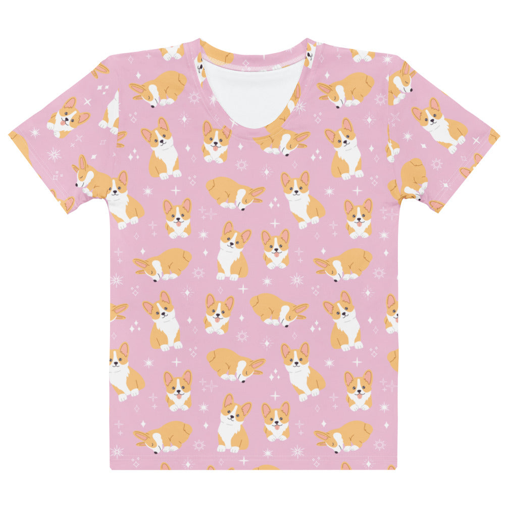 Women’s pink cotton t-shirt with playful all-over cartoon corgi print soft stretch and pilling resistant tee
