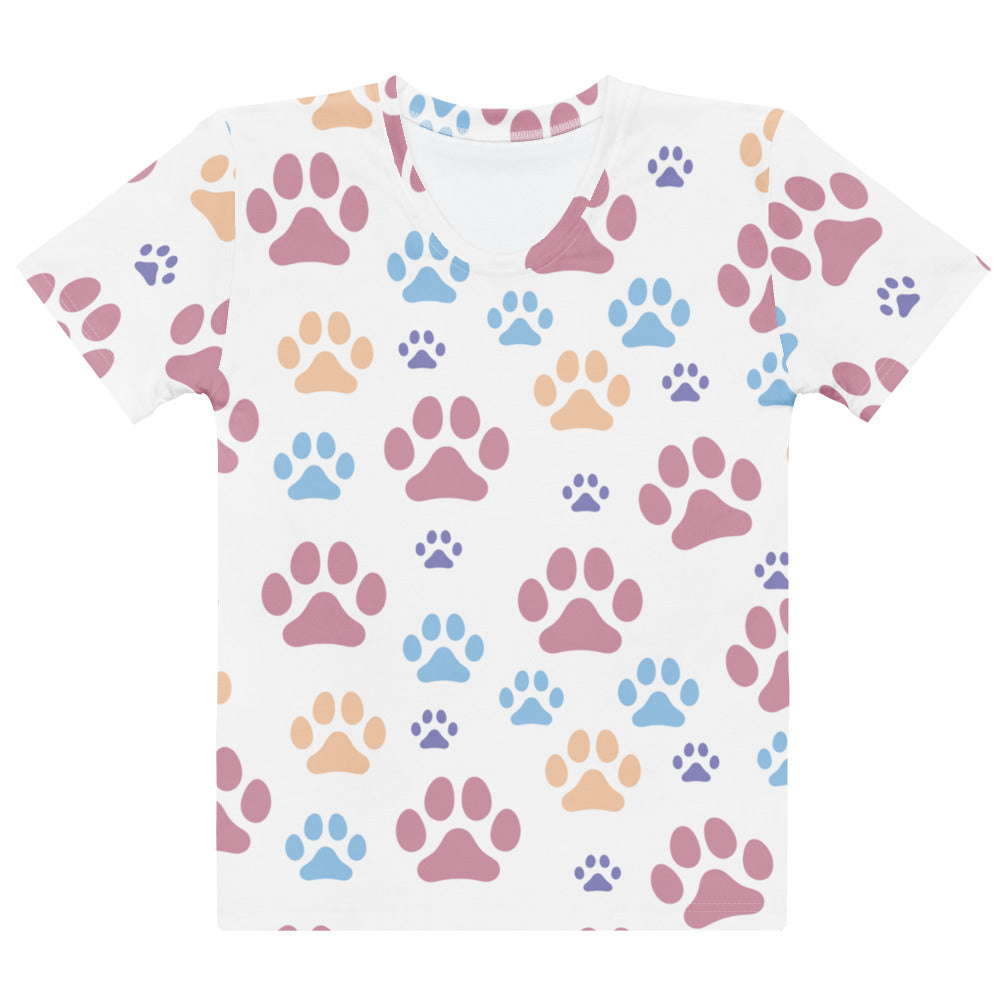 White short-sleeved cotton t-shirt with colorful paw print all over in soft pink blue and beige tones for women