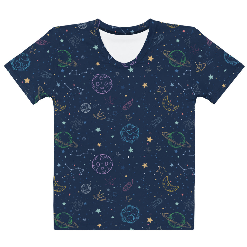 A navy blue women’s short-sleeved cotton t-shirt with a vibrant pastel cosmic print featuring planets and stars