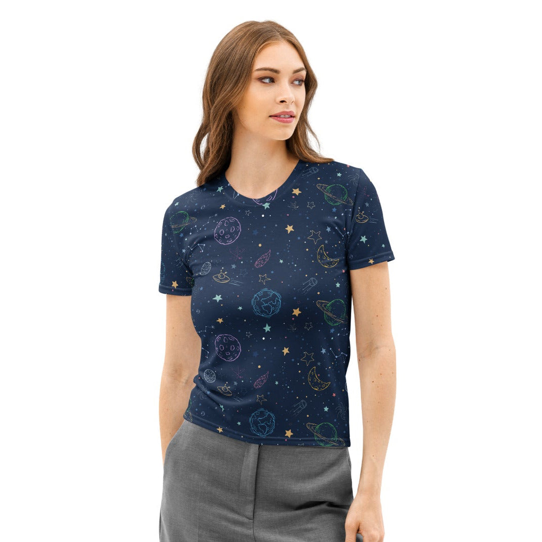 Navy blue women’s cotton t-shirt with soft stretch and pilling resistant whimsical space-themed print of planets stars and moons