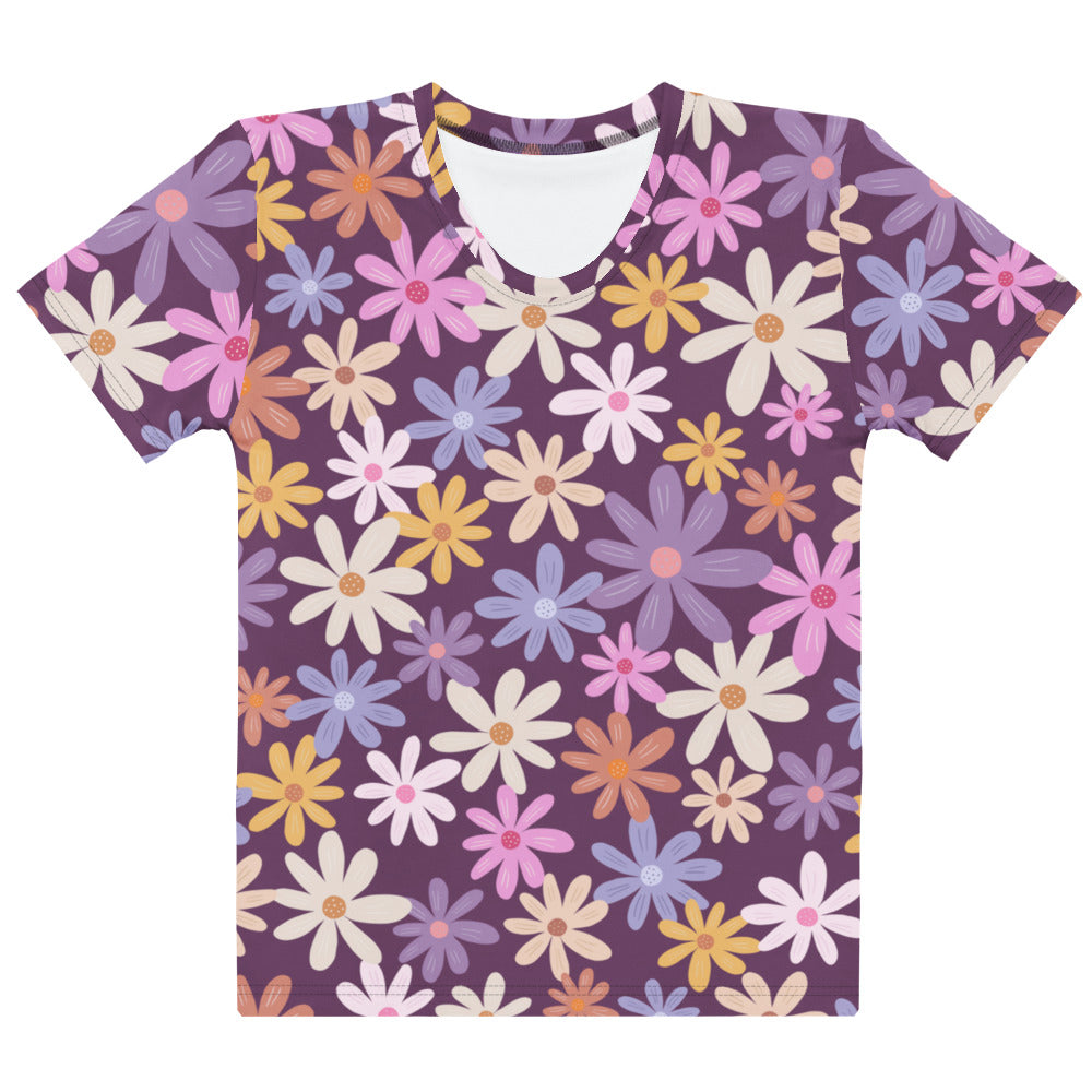 Women’s purple floral cotton t-shirt with soft stretch and pilling resistant fabric featuring multicolored daisies