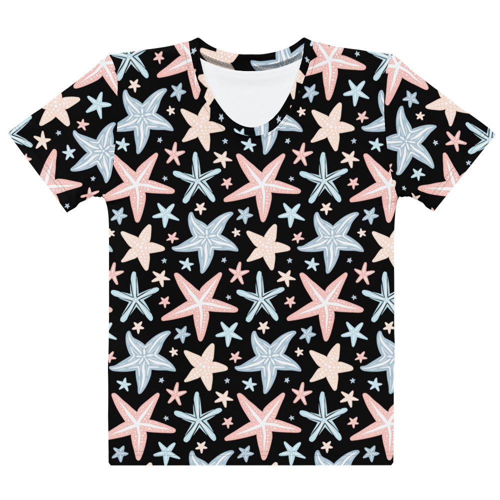 Black short-sleeved women’s cotton t-shirt with vibrant pastel starfish print soft stretch pilling resistant tee