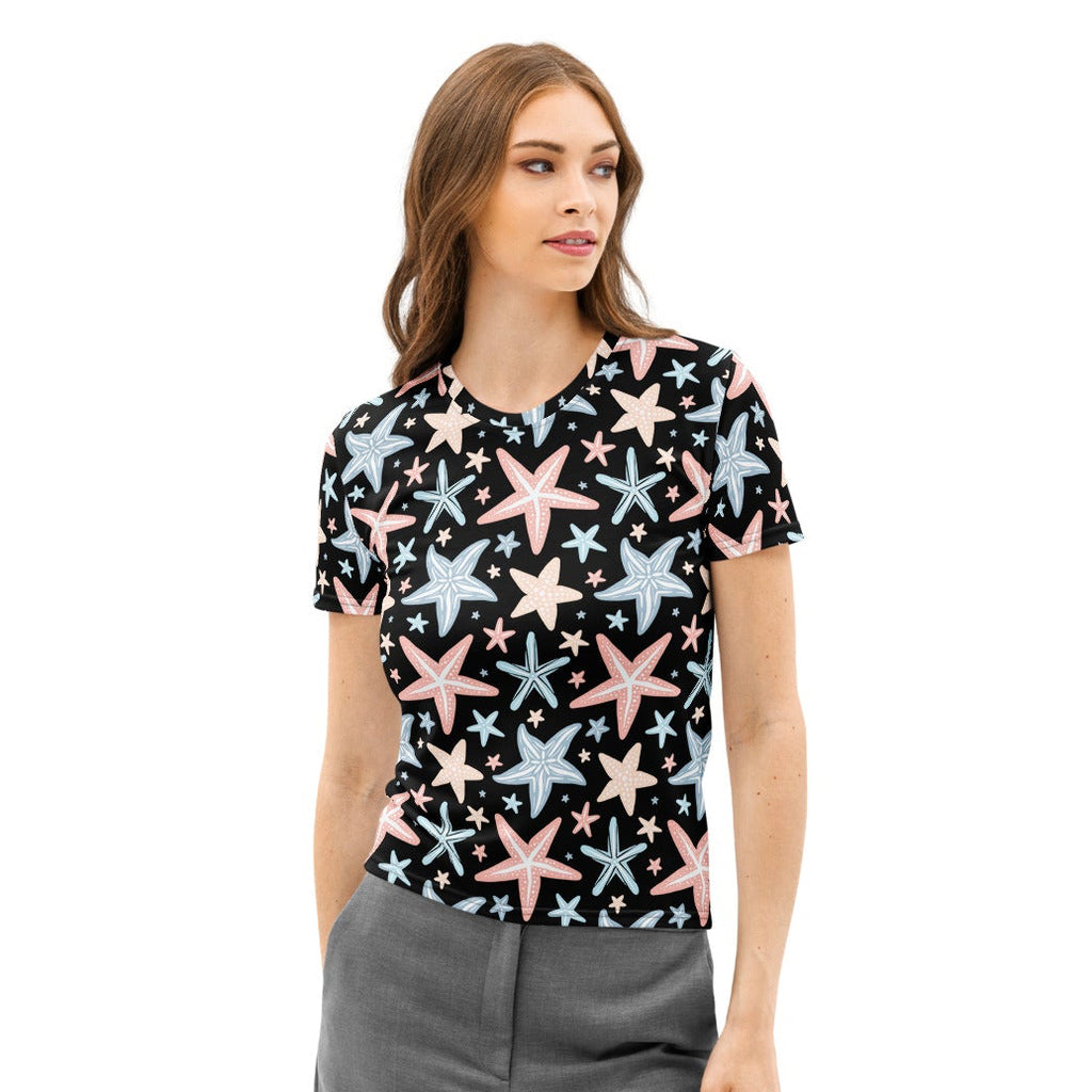 Black women’s short-sleeved cotton t-shirt with playful pink light blue and white starfish print soft stretch fabric