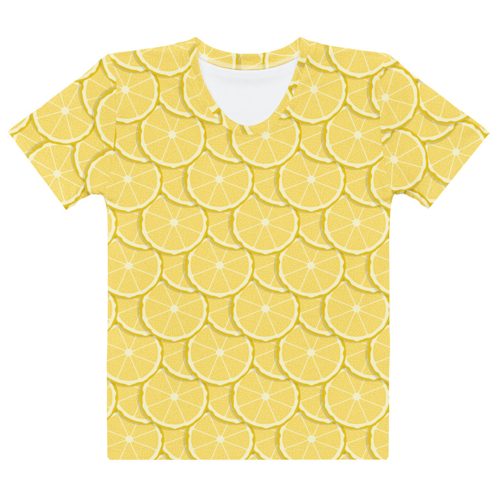 A vibrant yellow women’s lemon slice cotton t-shirt with seamless sliced lemons pattern soft stretch pilling resistant tee