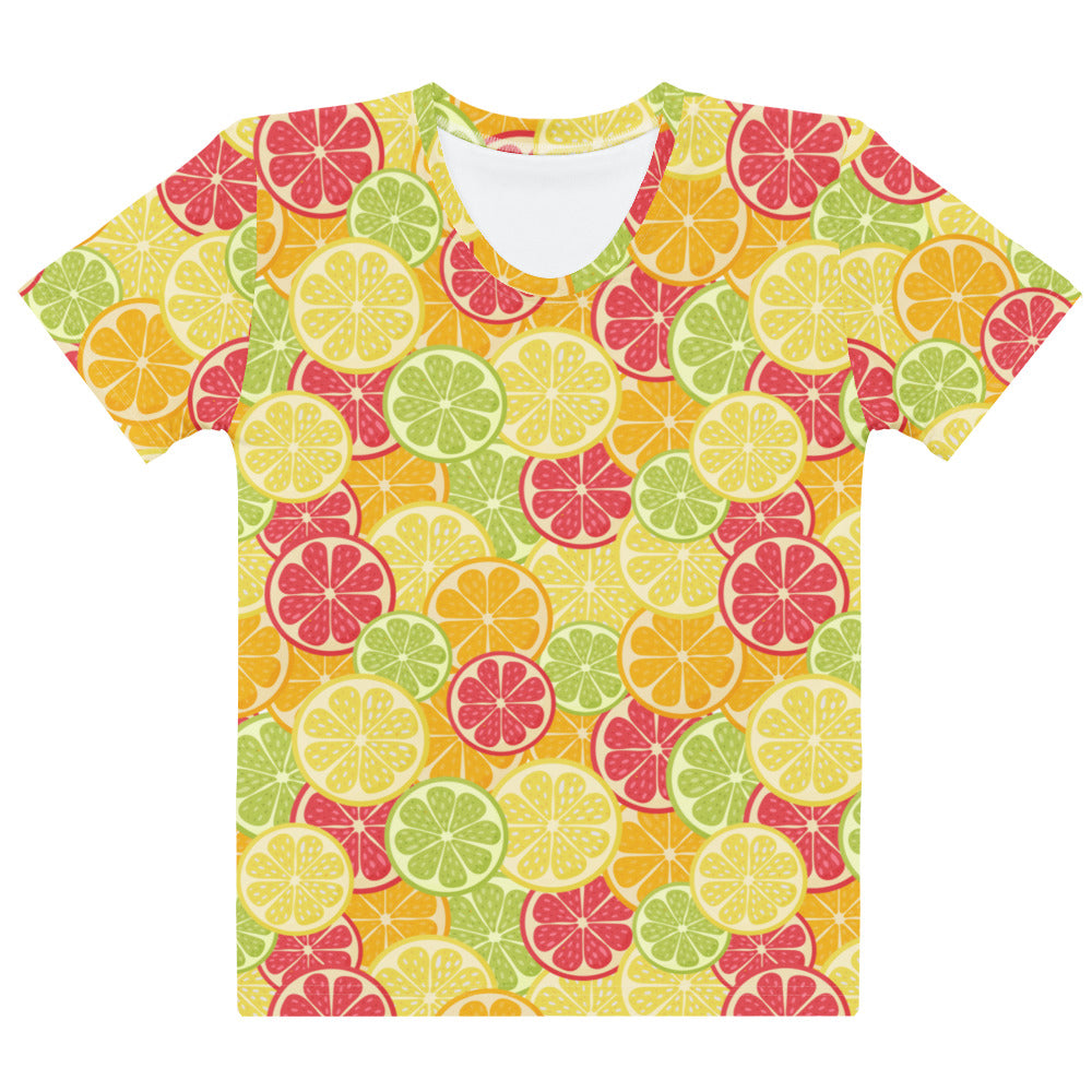 Women’s soft stretch cotton t-shirt with vibrant citrus fruit slice print in yellow green and pink on bright orange background