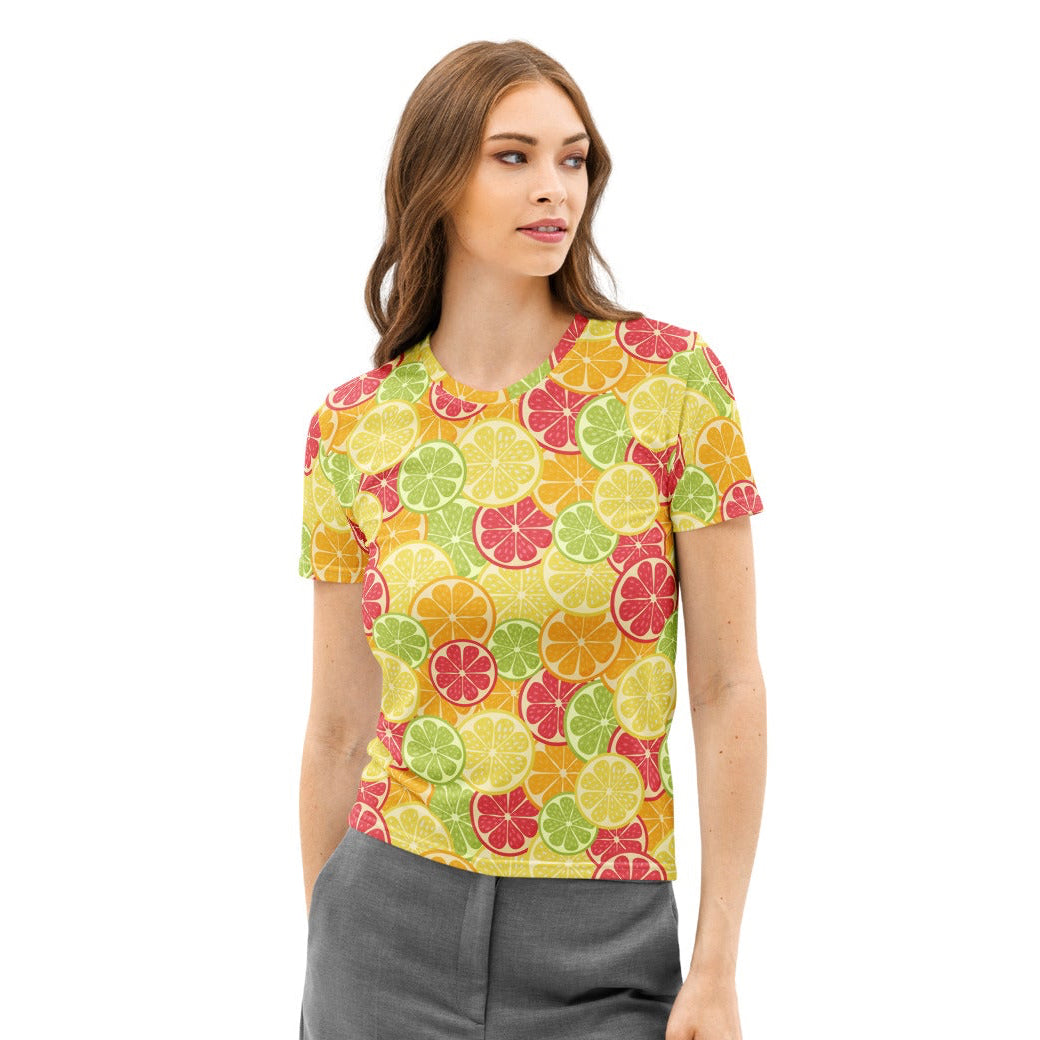 Women’s cotton t-shirt with vibrant citrus slice pattern in yellow green and pink soft stretch pilling resistant tee