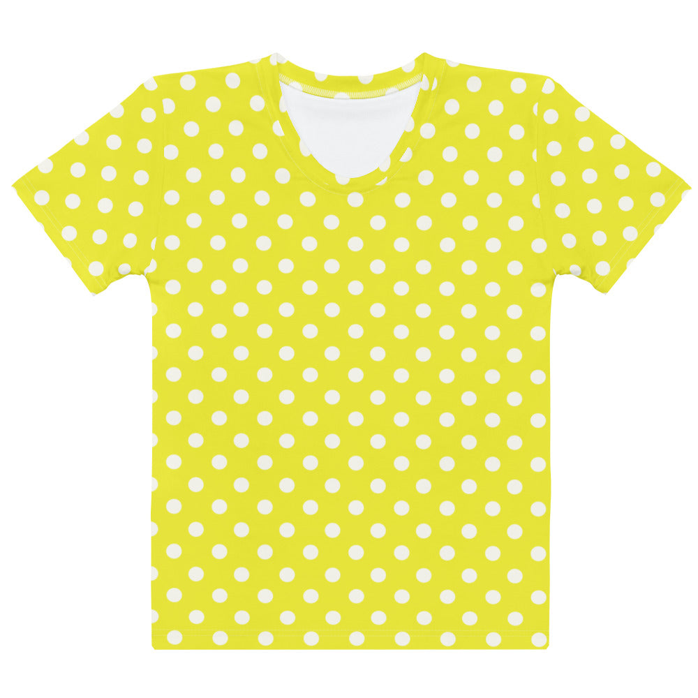 Women’s yellow cotton t-shirt with white polka dots v-neck soft stretch pilling resistant short sleeves