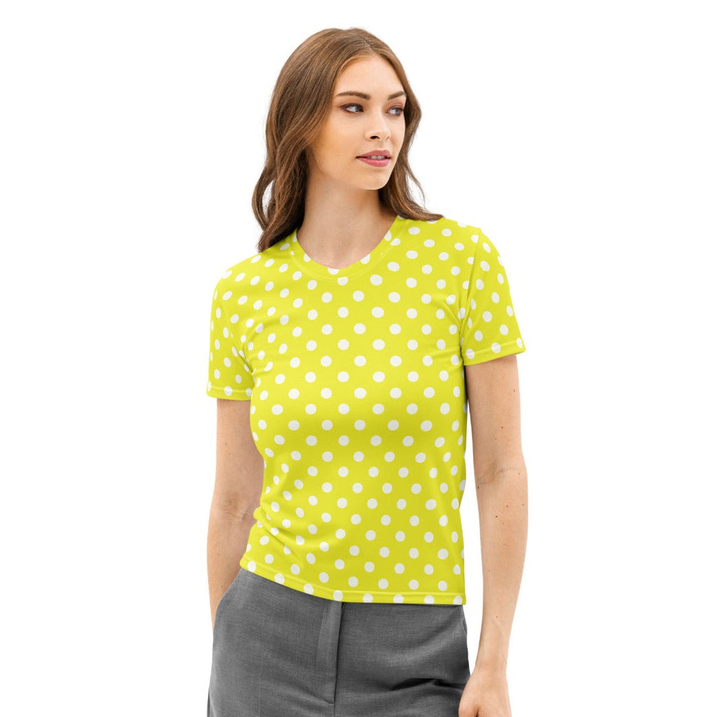 Women’s yellow polka dots cotton t-shirt with soft stretch and pilling resistant fabric in bright lime green