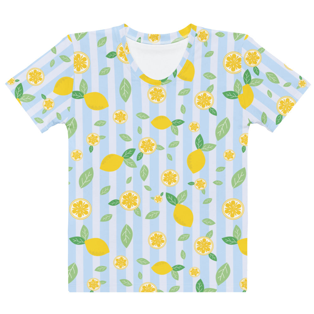 Women’s striped lemon cotton t-shirt with vibrant yellow lemon pattern on light blue soft stretch pilling resistant fabric