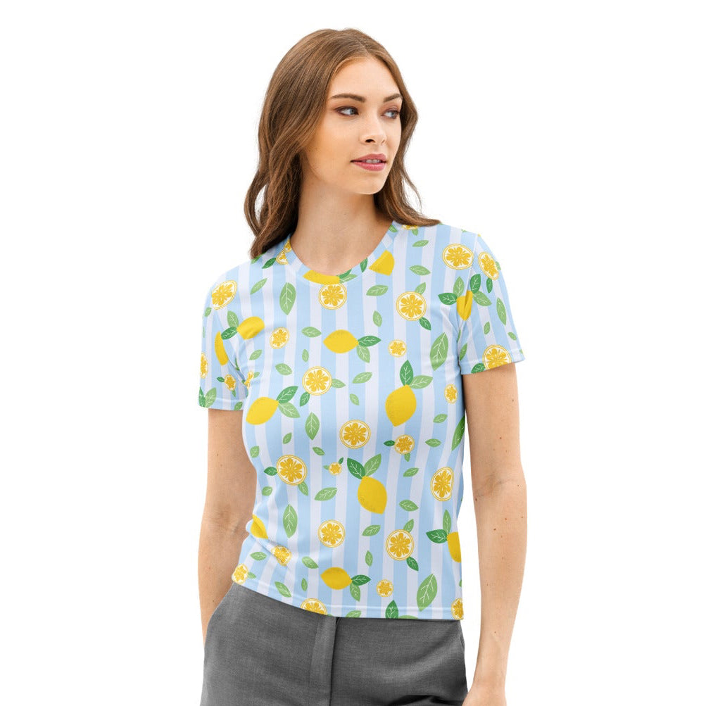 Women’s light blue cotton t-shirt with yellow lemon pattern on striped background soft stretch pilling resistant tee