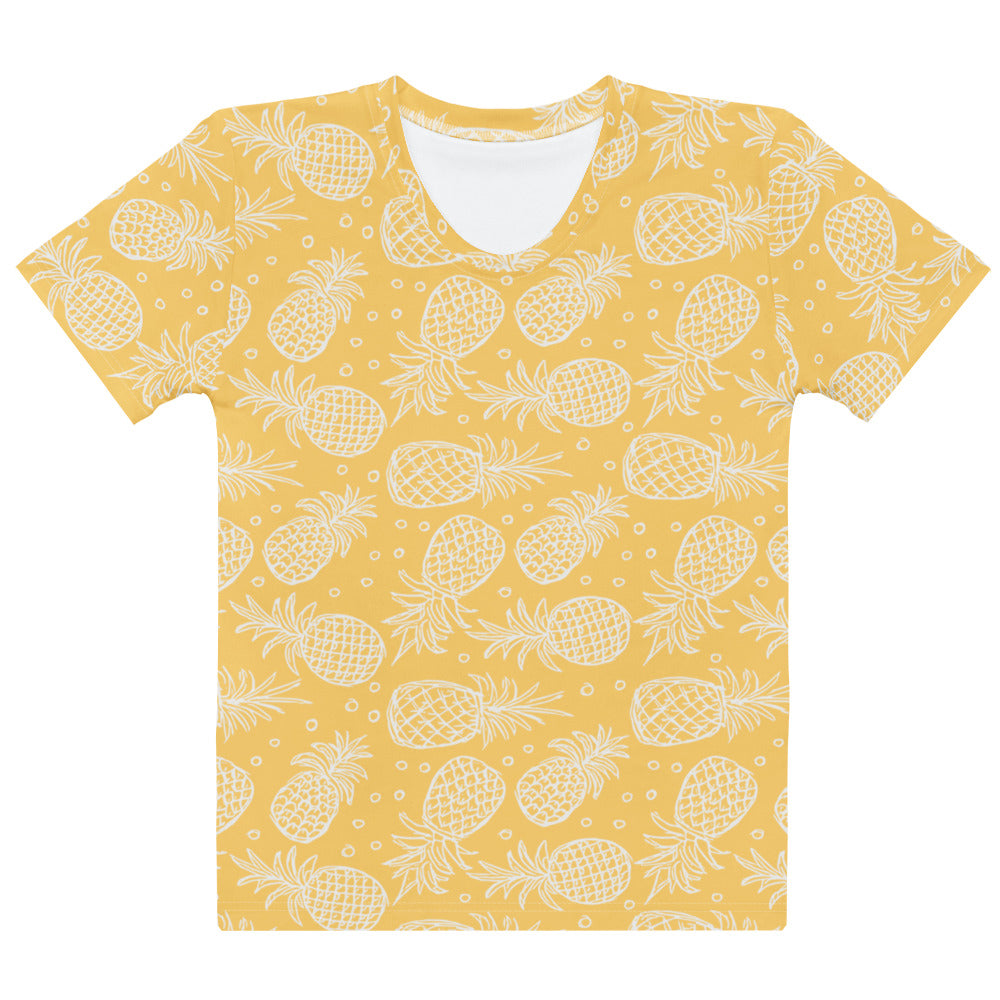 A vibrant yellow women’s tropical pineapple cotton t-shirt with playful white outlined pineapple print and soft stretch fabric