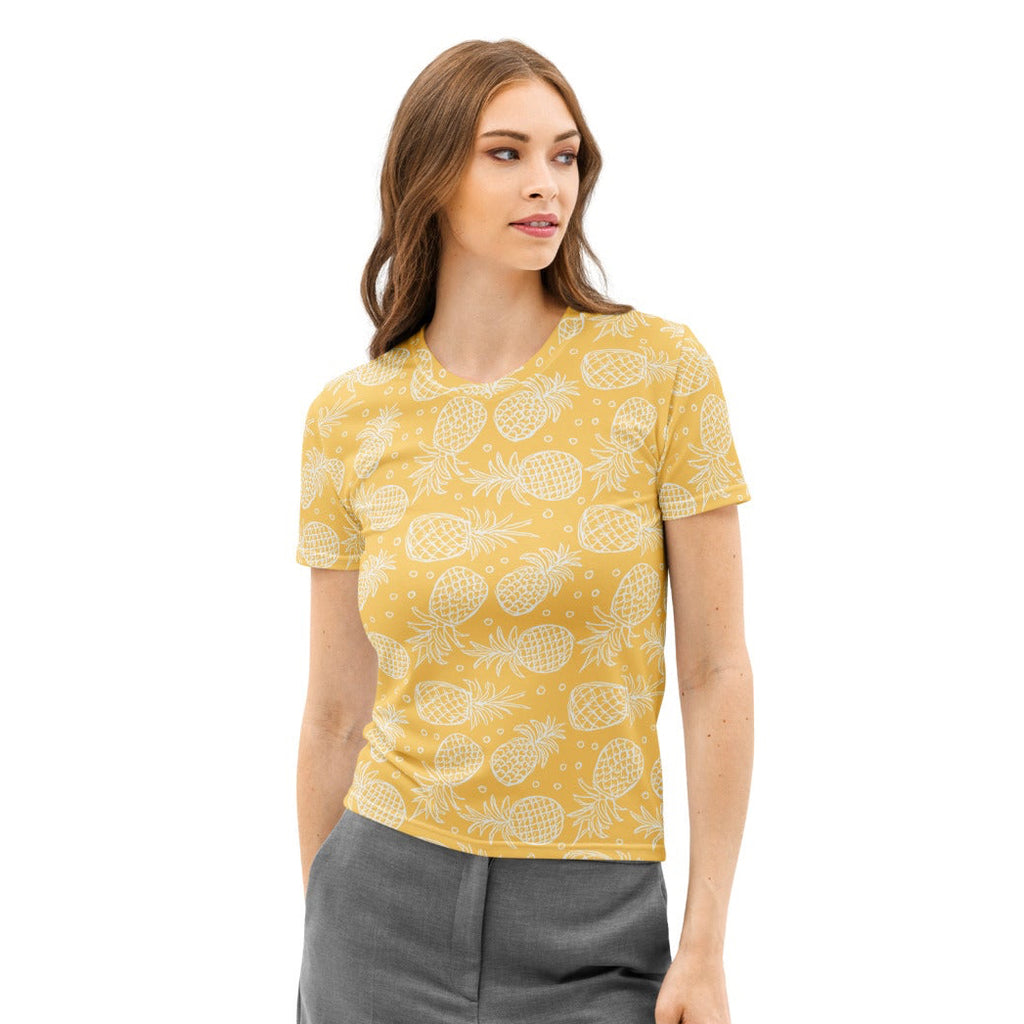 Yellow women’s tropical pineapple cotton t-shirt with white pattern soft stretch pilling resistant short sleeves
