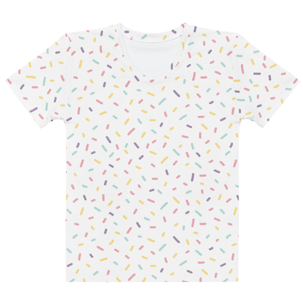 White women’s cotton t-shirt with soft stretch and pilling resistance featuring pastel sprinkle print
