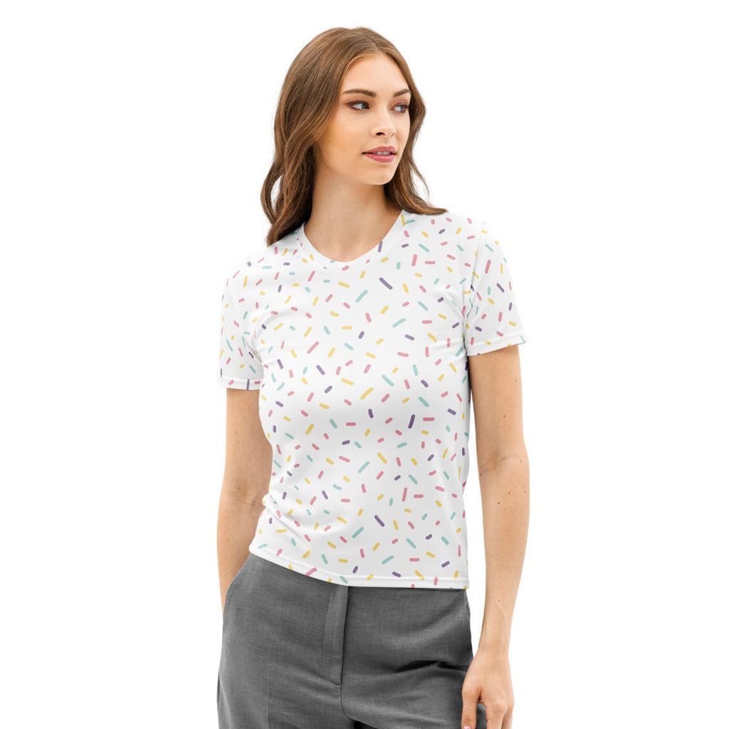 White short-sleeved cotton t-shirt for women with soft stretch and multicolored sprinkles print pattern