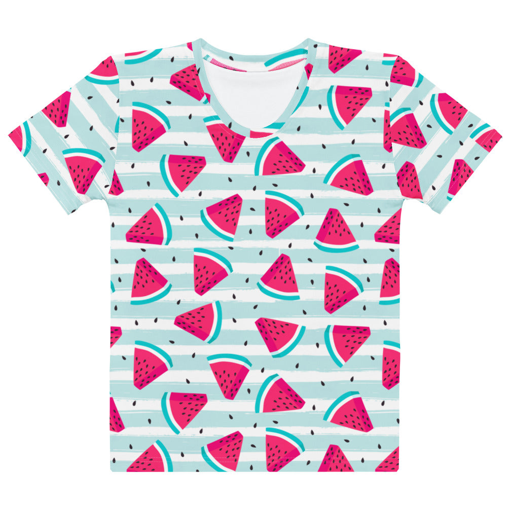 Women’s cotton t-shirt with soft stretch featuring playful pink watermelon slices on light blue and white stripes