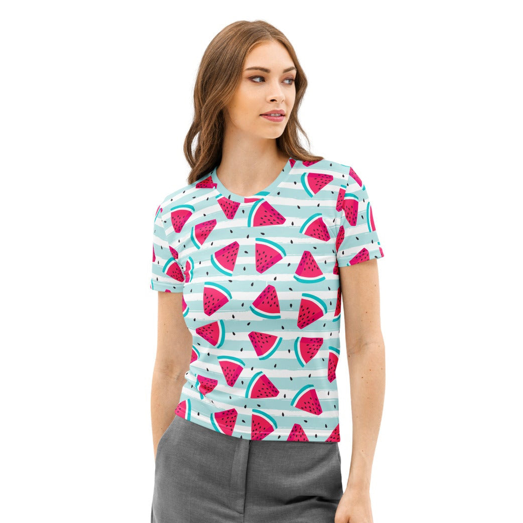 Women’s soft stretch cotton t-shirt with pink watermelon slices on light blue and white horizontal stripes