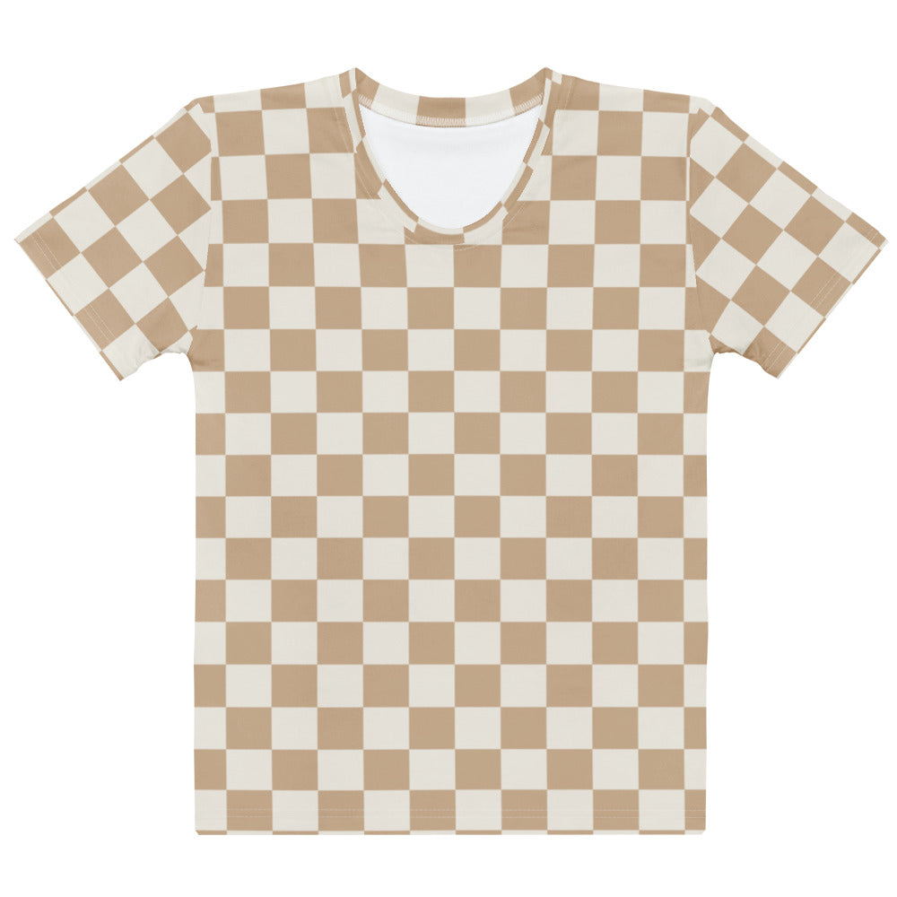 Women’s short-sleeved cotton t-shirt with a beige and cream checkered pattern, soft stretch and pilling resistant